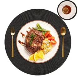 Set of 6 Round Braided Washable Non-Slip Placemats - 6xPlacemat 6xCoaster (Black)
