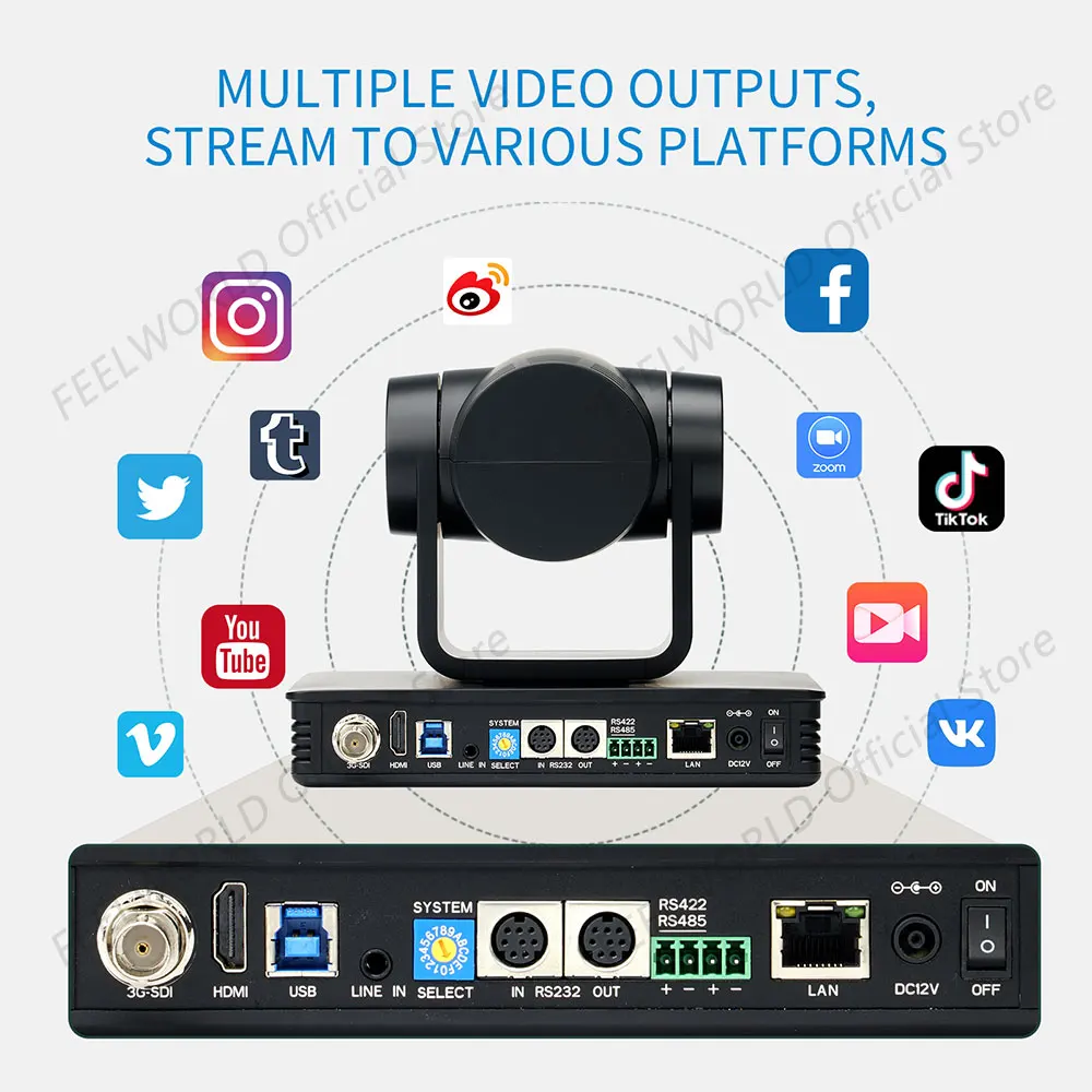 FEELWORLD UHD4K12X 4K PTZ 카메라, USB POE 12X 광학 줌, AI 자동 추적, 다중 비디오 출력, 최대 255 사전 설정 위치