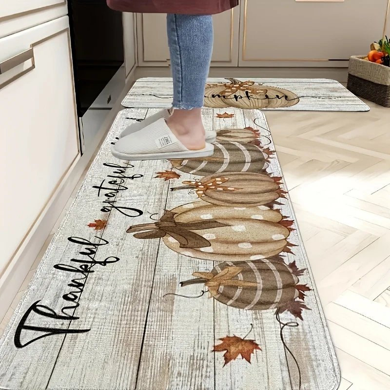 Pumpkin Kitchen Mat Soft Non Slip Flannel Dining and Living Room Mat Easy To Clean Perfect for Families and Thanksgiving Parties
