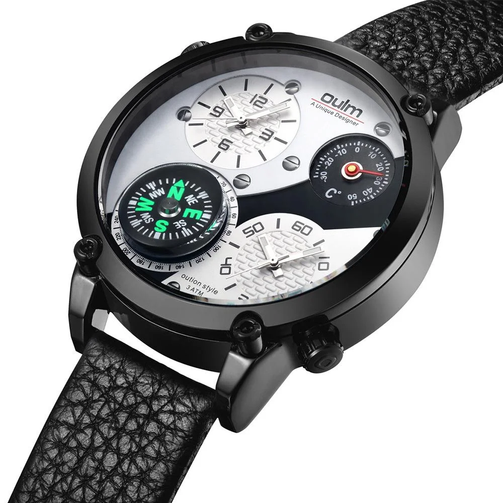 Quartz Watch For Men Tough Guy Thermometer Big Size Large Dial Men's Watch Double Time Zone Compass Leather Relogios Masculino