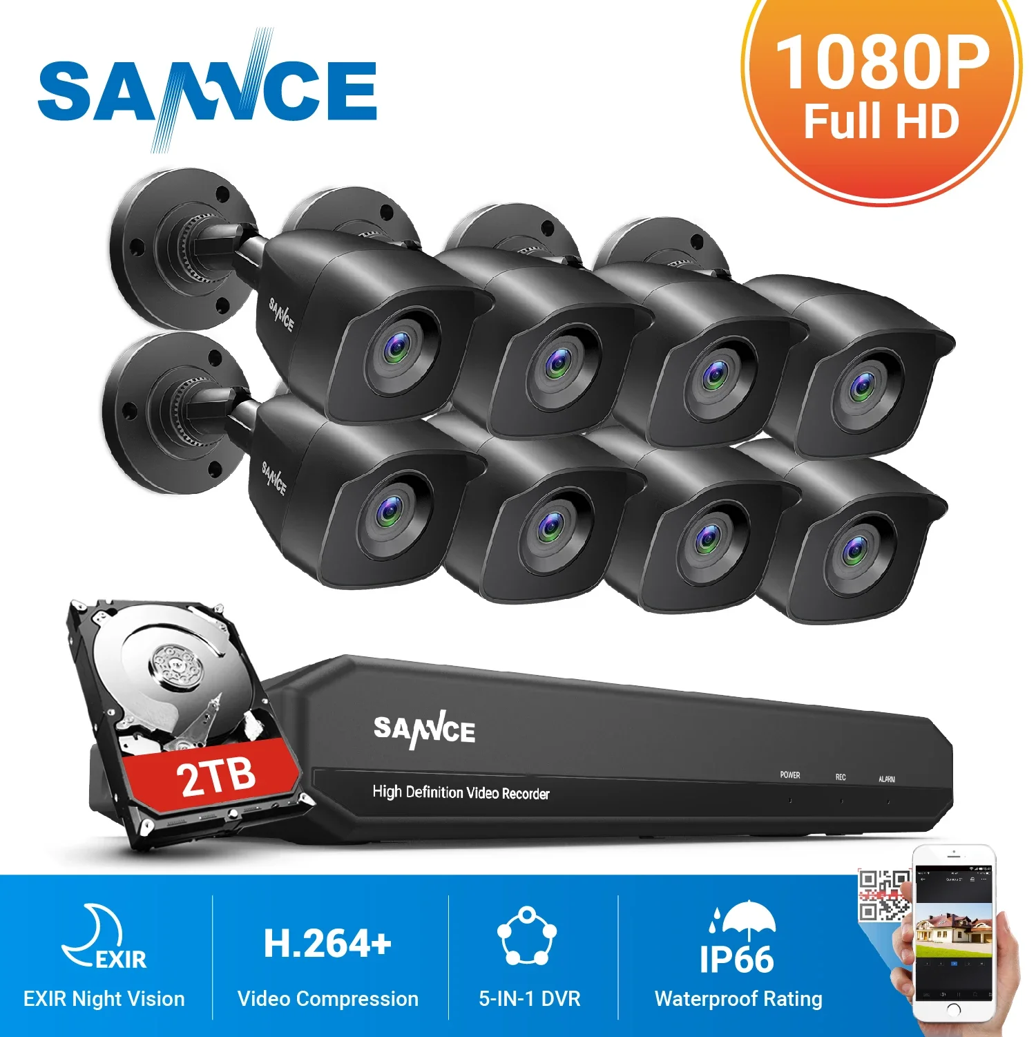 

SANNCE 8CH 1080N DVR CCTV System 5MP 1080P 2.0MP Security Cameras IR Outdoor IP66 Video Surveillance Kit Motion Detection 3.6MM