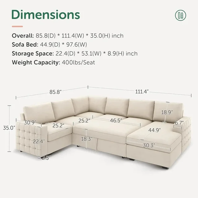 Divano letto componibile a forma di U in velluto beige con letto estraibile e contenitore per il soggiorno 3