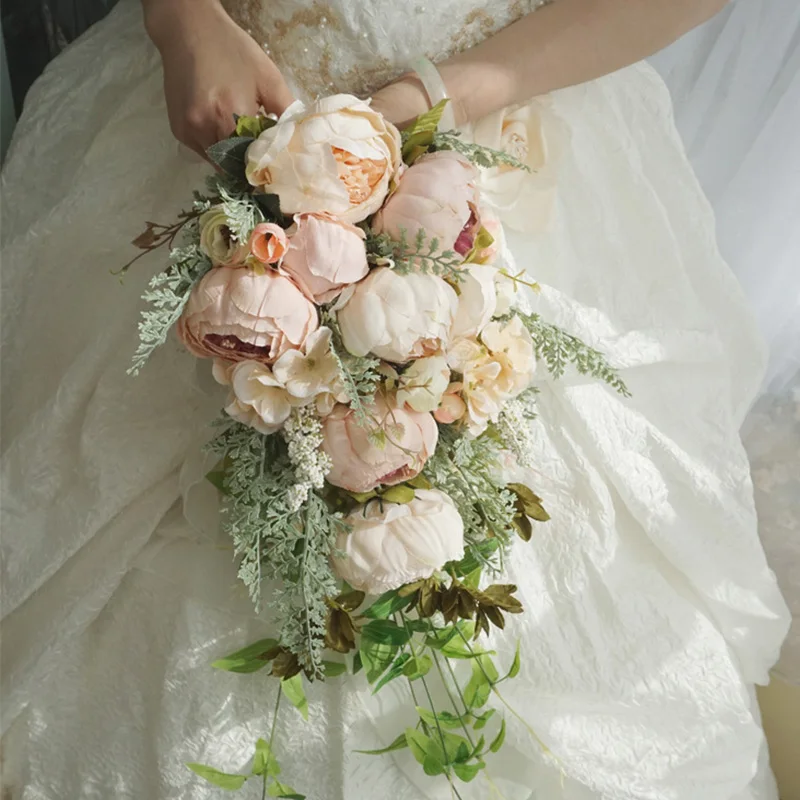 Waterfall Silk Peony Wedding Flowers Bouquet For Bridal Bouquets Vintage Ivory Pink Artificial Flowers Mariage Bride Bouquet