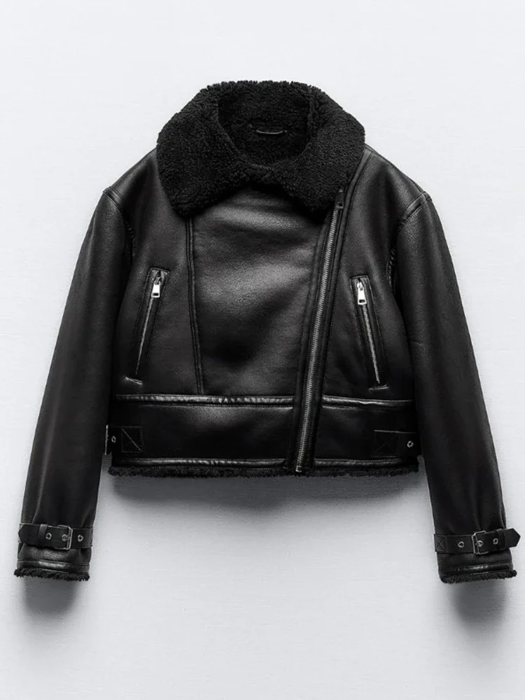 

FTLZZ New Autumn Winter Women Streetwear Thick Warm Motorcycle Pu Short Coat Lady Fashion Casual Faux Leather Lamb Fur Jacket