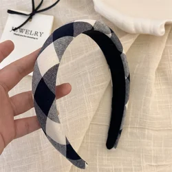 Bluish Stripe Plaid Print Headband with Sponge Padding and Sweet Blue Flower Bow Design (3cm White Navy)