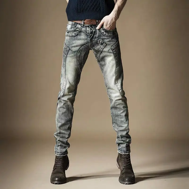 

Men’s Light Luxury Outdoors Moto&Biker Jeans,Wear-proof Retro Style Patchwork Jeans Pants ,Slim-fit Trendy Casual Jeans;