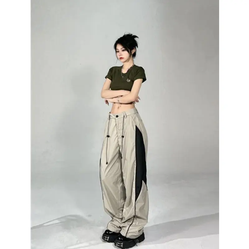 Y2k Street Spliced Casual Sports Pants Women's High Waist Drawstring Spicy Girl Style Loose Straight Leg Pants