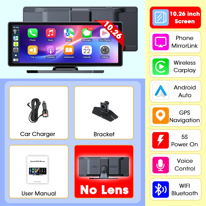 Develuck חדש 11.26 אינץ '4K DVR אלחוטי CarPlay ו- Android Auto מצלמת רכב ניידת מקליט מסך וידאו 5G WIFI ניווט