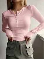 Femmes automne printemps haut col rond bouton à manches longues chemises couleur unie coupe ajustée pull T-shirt Blouse Style Simple dame Costume 4