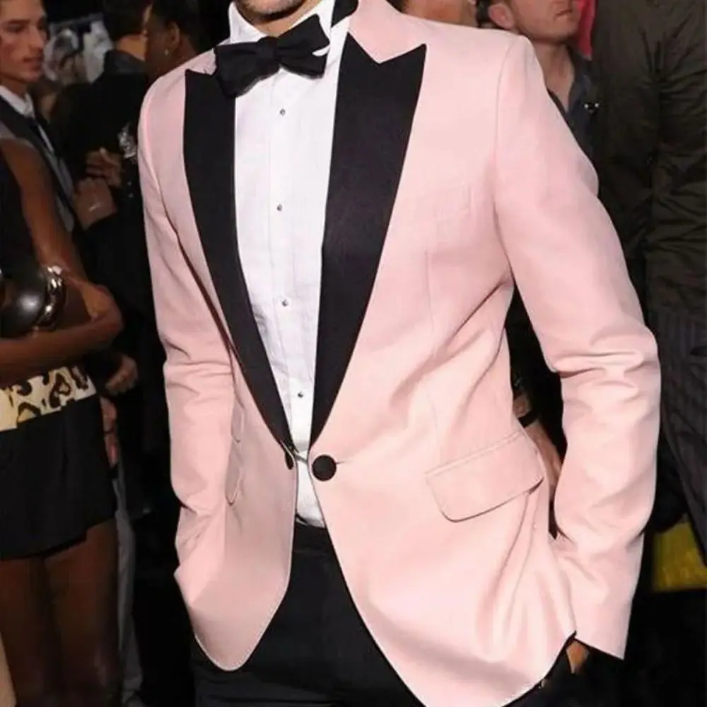 Pink Wedding Groom Tuxedos  Black Peaked Lapel Two Piece Custom Made Evening Party Formal Men Suit (Jacket + Pants )