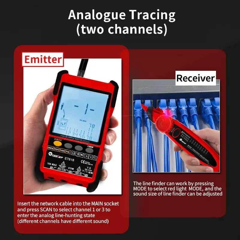 TOOLTOP Network Cable Tester Multimeter Lan Cable Tracking POE Test 400M/600M Length Measure Sensitivity Adjustable Line Tracker 3