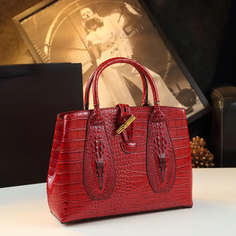 

New Fashion Retro Crocodile Grain Women Handbags Genuine Leather Tote Shoulder Bags Bamboo Design Zipper Hasp Top Handle Bag