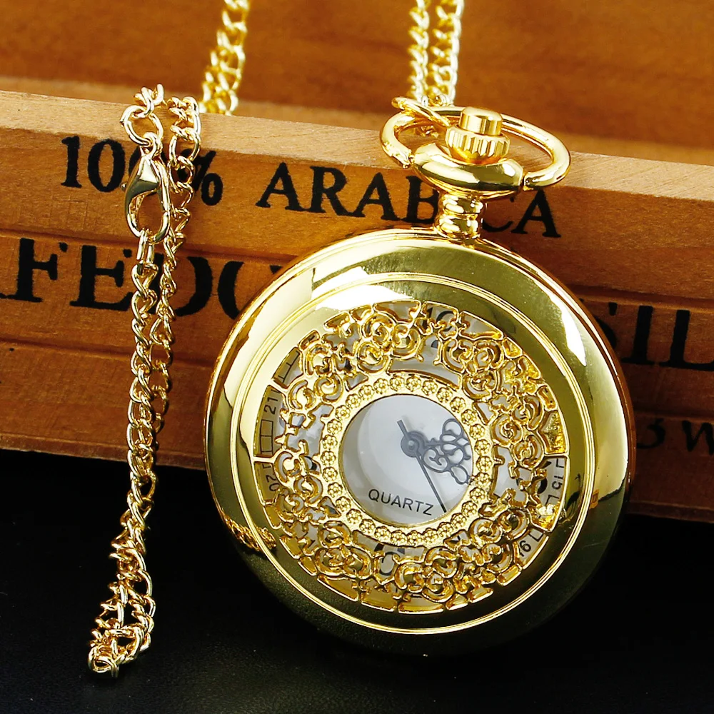 

Gold Copper Quartz pocket watch hollow carved white surface scale Old Fashion Chain Pendant Pocket Timer Gift reloj hombre