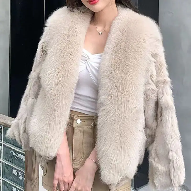 

Women Winter Thick Real Mink Fur Coat Natural Mink Fur Jacket With Large Fox Fur Collar Female Fashion Outerwear Warm Overcoat