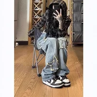 Retro American Star Embroidery Straight Leg Wide Leg Jeans Women's Mid Waist Slimming Trousers Trendy Fashion Long Pants