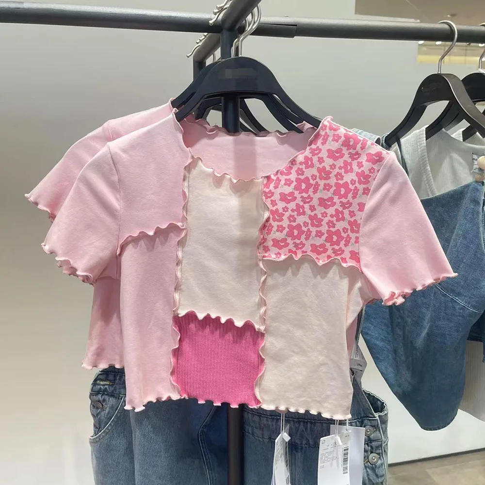 

Summer T-shirt Woman Contrasting Color Classic O Neck Short Sleeve Tee Casual Women Clothes Fashion Edge Curl Crop Tops Ladies