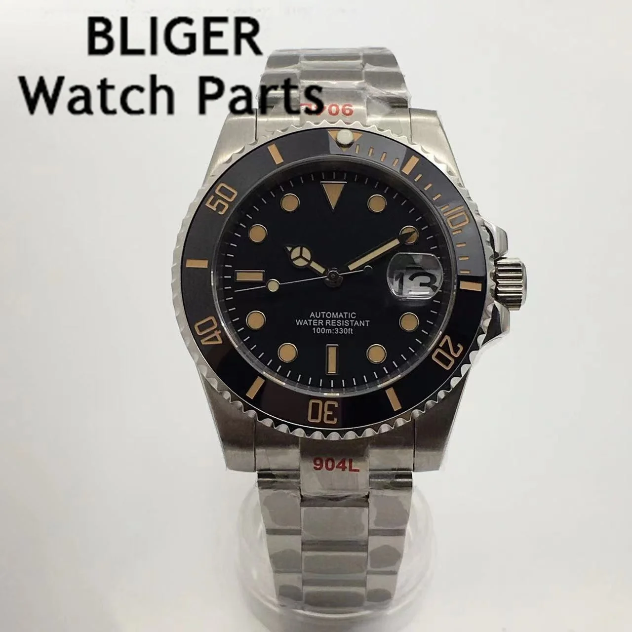 BLIGER 40mm Automatic Watch Oyster Bracelet NH35 MIYOTA8215 PT5000 Movement Sapphire Crystal Black Luminous Dial Steel 3 o'clock