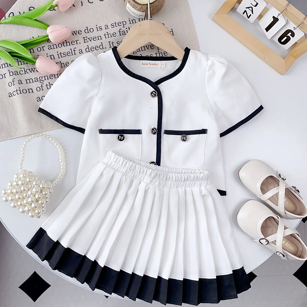 

Melario New Korean Style Girls Set Fashion Girls Suit Summer Girls Outfits College Style Short Sleeve Top Pleated Skirt 2pcs Set