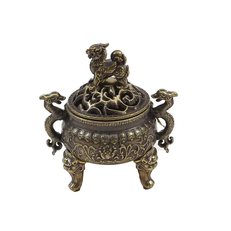 Antique Brass Three Legs Dragon Head Incense Burner Mini Ornament Chinese Ancient Beast Censer Cover Solid Copper Tea Desk Decor