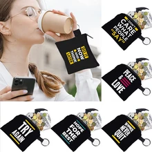 

2022 Unisex Coin Purse Versatile Phrase Print Pattern Earbuds Key Storage Bag Small Object Ring Buckle Zipper Black Canvas Mini