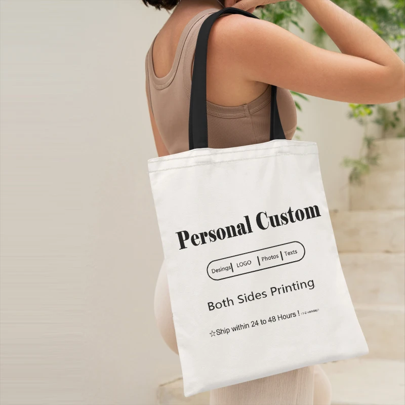 Personal Bags Women Tote Handbag Linen Fabric Canvas Bag With Print Pictures Shopping Bags DIY Black Shoulder