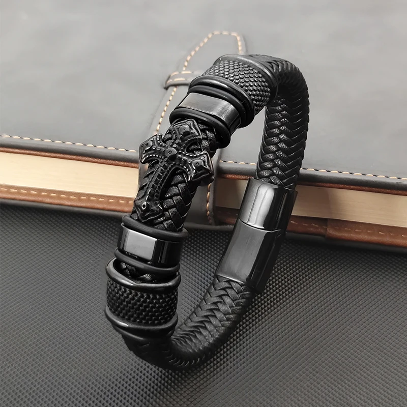 Leather Bracelet Men's Leather Cross Bracelet Hand-woven Rope Multi-layer Combination Stainless Steel Jewelry Gift