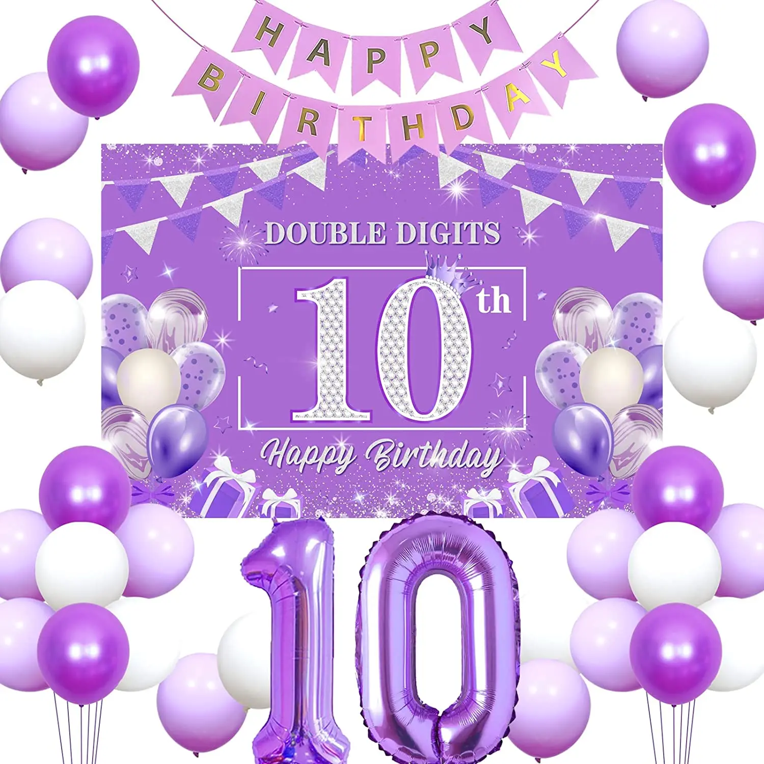 

Happy 10th Birthday Decorations for Girls Purple Double Digits Backdrop Purple Banner Number 10 Foil Balloon Birthday Supplies