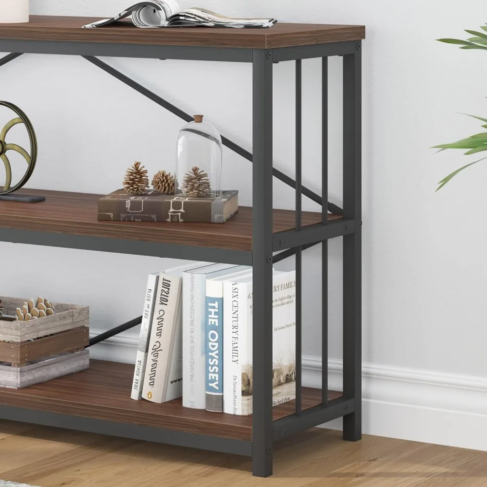Walnut Low Wide Bookcase, Vintage 63 Inch Long 3 Tier Open Book Shelf, Farmhouse Big Wood Metal Sturdy Bookshelf Display Case, 6
