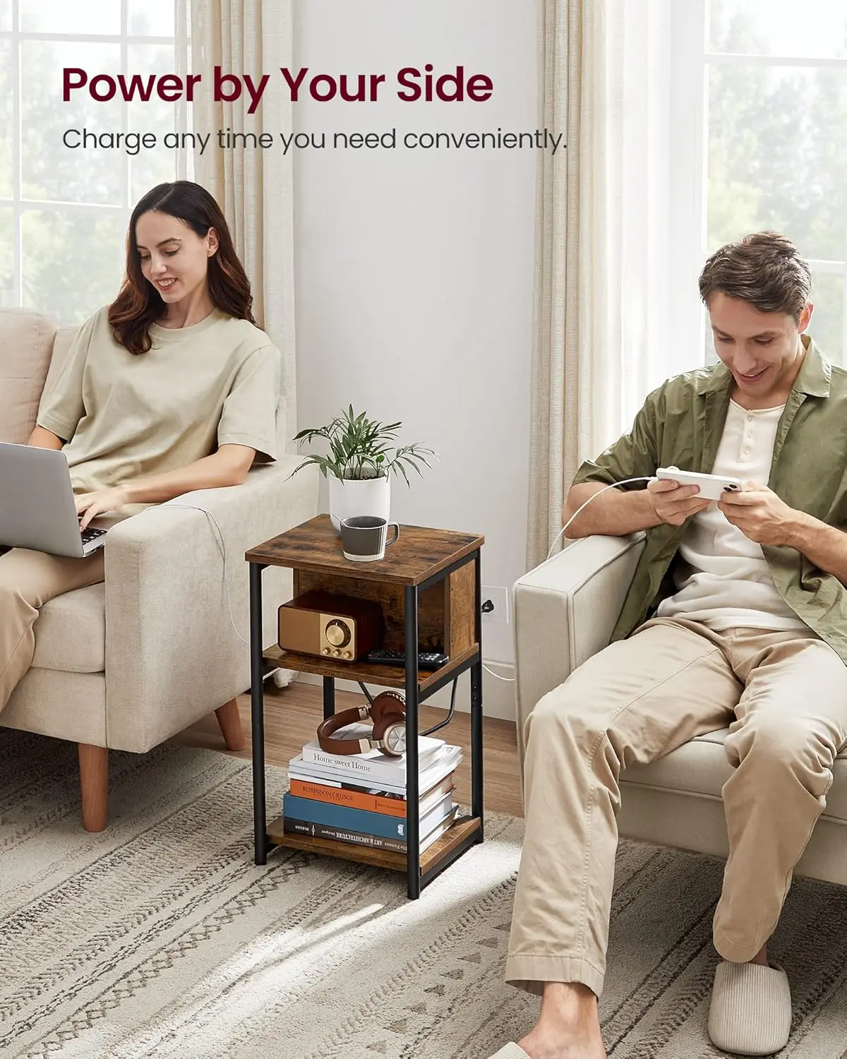Side Table with Charging Station, 3-Tier End Table with USB Ports and Outlets, Nightstand for Living Room, Bedroom 3