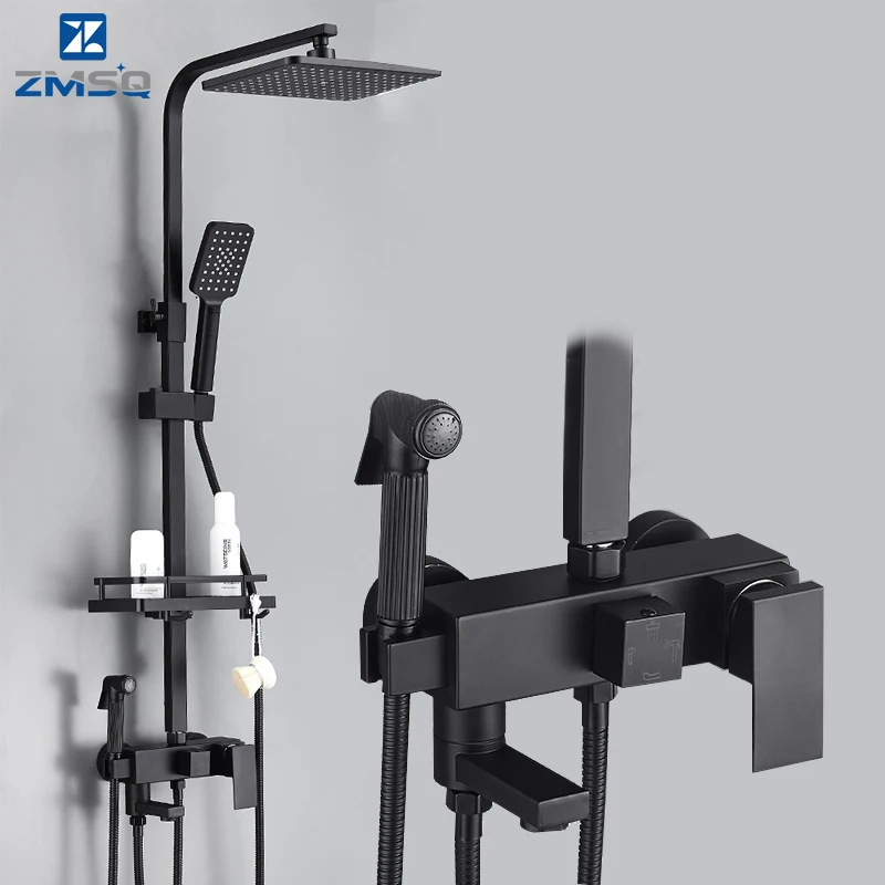 Bathroom ShowerBrass Faucets Bathroom Shower Mixer Crane Bidet Faucet Rainfall Shower Set Spray With Shelf Black