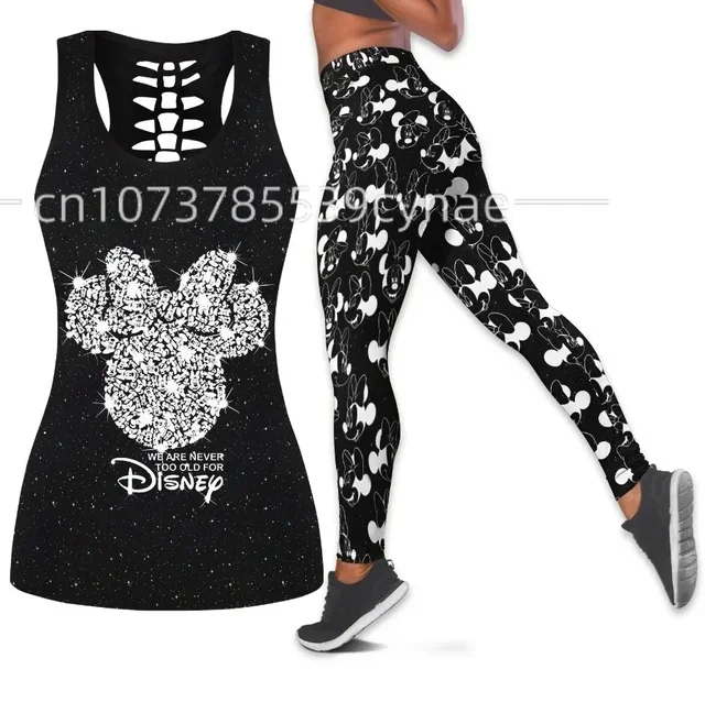 

Disney Mickey Minnie Women's Hollow Vest + Women's Leggings Yoga Suit Fitness Leggings Sports Suit Tank Top Legging Set Outfit