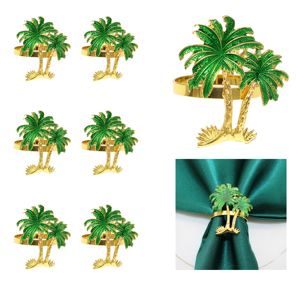 6Pcs Green Palm Tree Napkin Rings Hawaii Napkin Holder Buckles for Table Setting Wedding Thanksgiving Day and Daily Use HB16