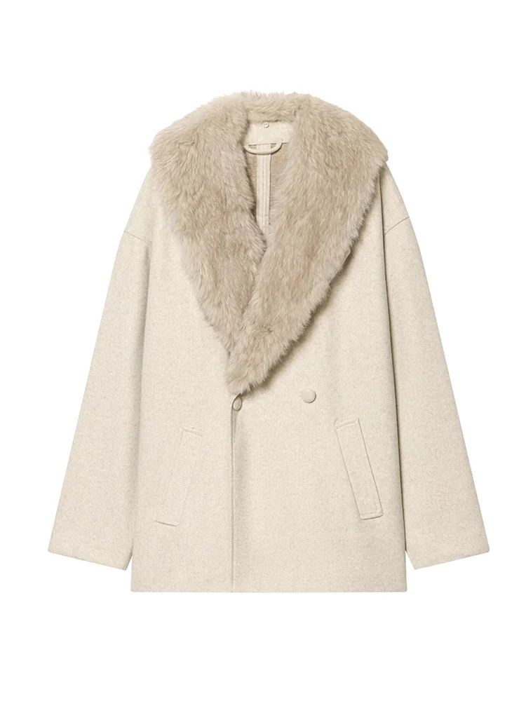  Winter New Women Double Breasted Woolen Coat Elegant Solid Faux Fur Collar Spliced Loose Fit Jacket Casual Lady Outerwear