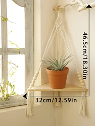 Boho Macrame Corner Wall Hanging with Rustic Wood Shelves - Handmade Decorative Shelf (KK108 - M01746)