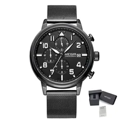 Chronograph Stainless Steel Bracelet Sport Men's Luxury Waterproof Luminous Quartz Wristwatch (Black)