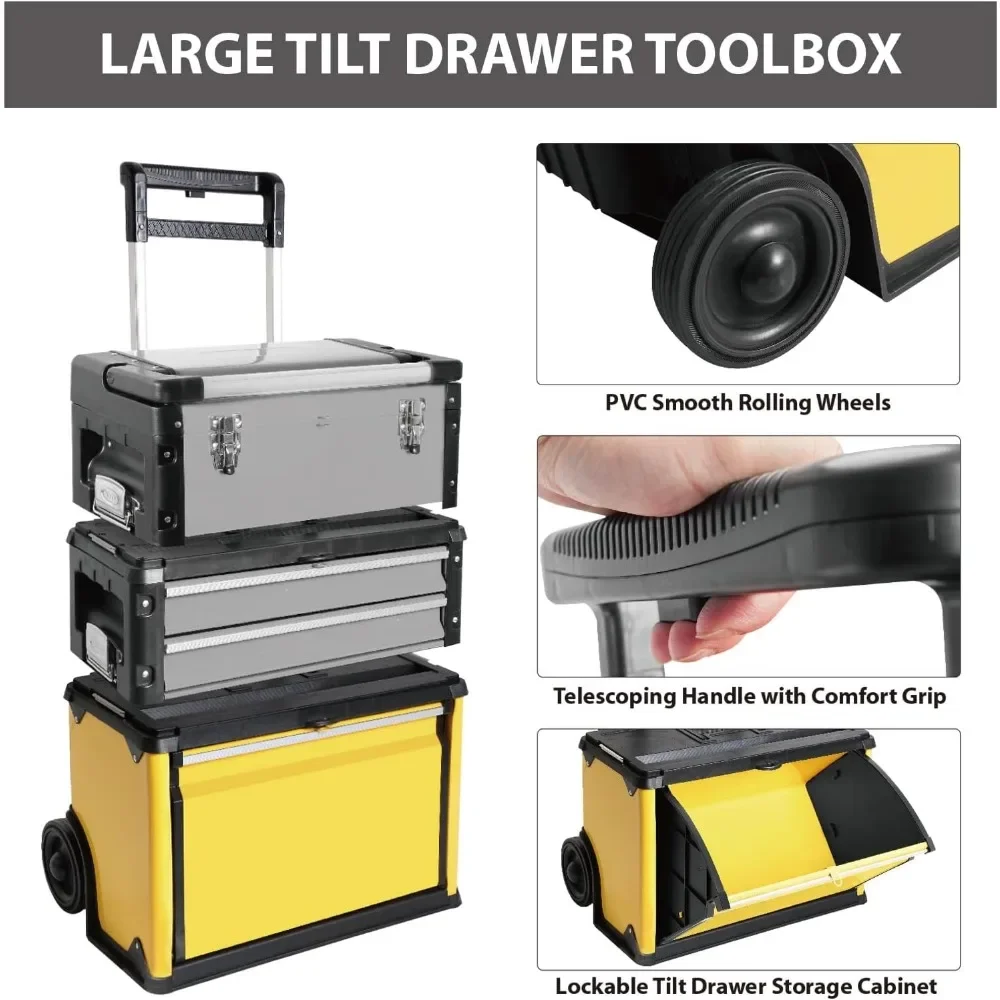 Rolling Tool Box Portable Metal Toolbox Organizer with Wheels and 2 Drawers Separate Rolling Upright Trolley Tool Chest 3