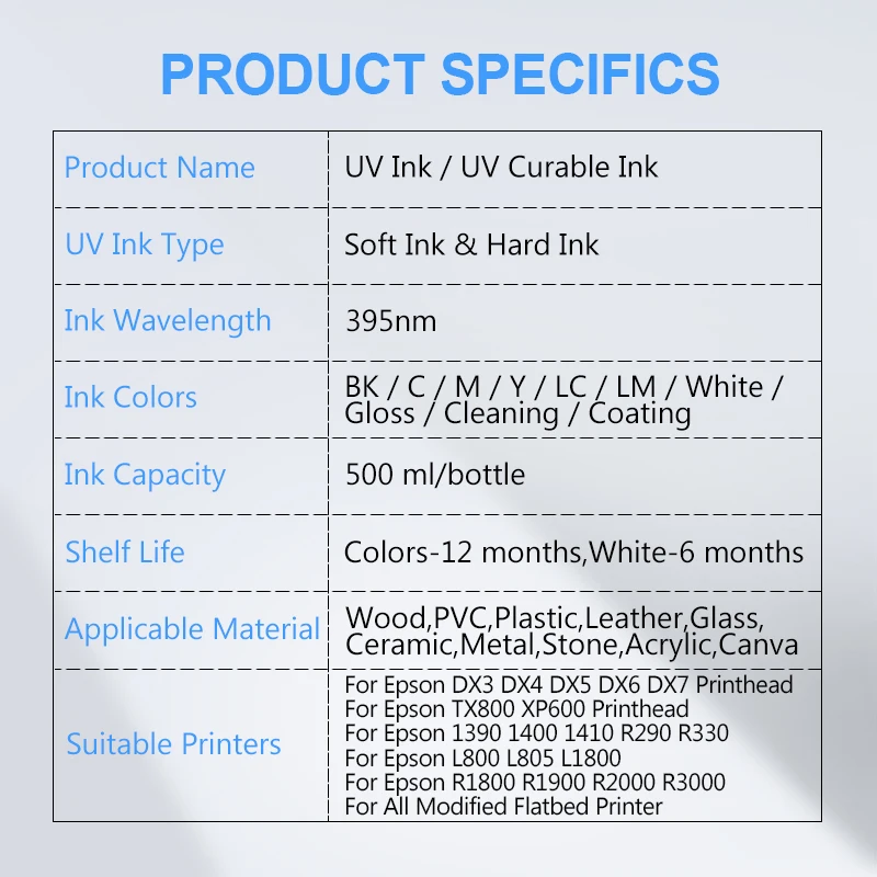 500ML LED UV Ink For Epson 1390 L800 L1800 L805 R1800 R1900 DX4 DX5 DX6 DX7 DX10 TX800 XP600 Printhead