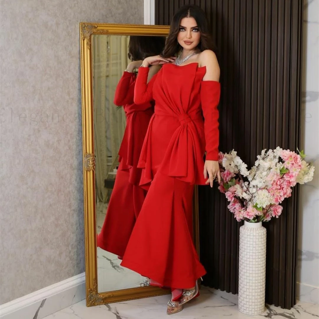 

Red Scalloped Chiffon Trumpet Evening Dress for Women Elegant with Sleeveless Saudi Ruffles Tight Gala Dress Pleated vestidos