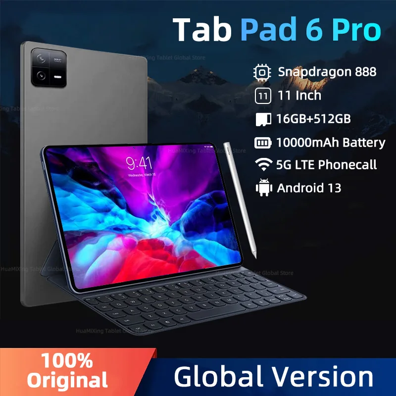 2024 패드 6 프로 오리지널 글로벌 버전, 16GB + 1TB, 안드로이드 13, 스냅드래곤 888, 11 인치 태블릿 PC, 5G 듀얼 SIM 카드, 와이파이 HD 4K 미 탭