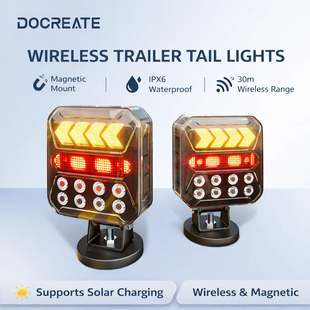 Wireless Magnetic Trailer Tail Lights for Trucks RVs, USB & Solar Rechargeable, 2.4GHz Remote, IPX6 Waterproof, 180° Adjustable 2