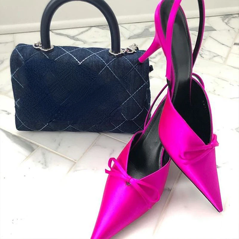 

Новинка 2024, туфли розового цвета Muller, летние европейские и американские туфли на высоком каблуке, шелковые женские туфли с острым носком, тапочки Baotou на тонком каблуке