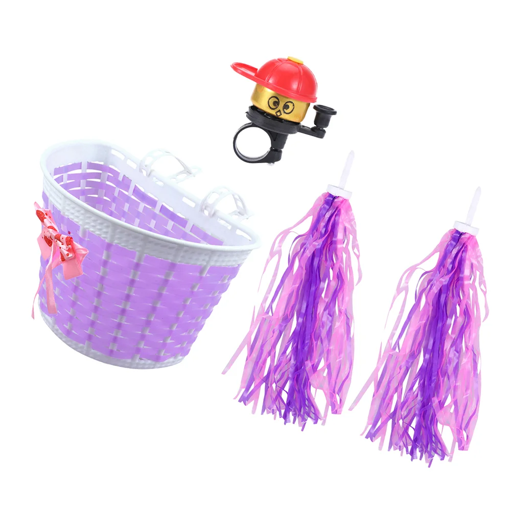 

4pcs Kids Bike Basket Streamers Bell Handlebar Storage Basket Tassels Horn for Kids Bike Scooter Decoration Supplies ( Purple )