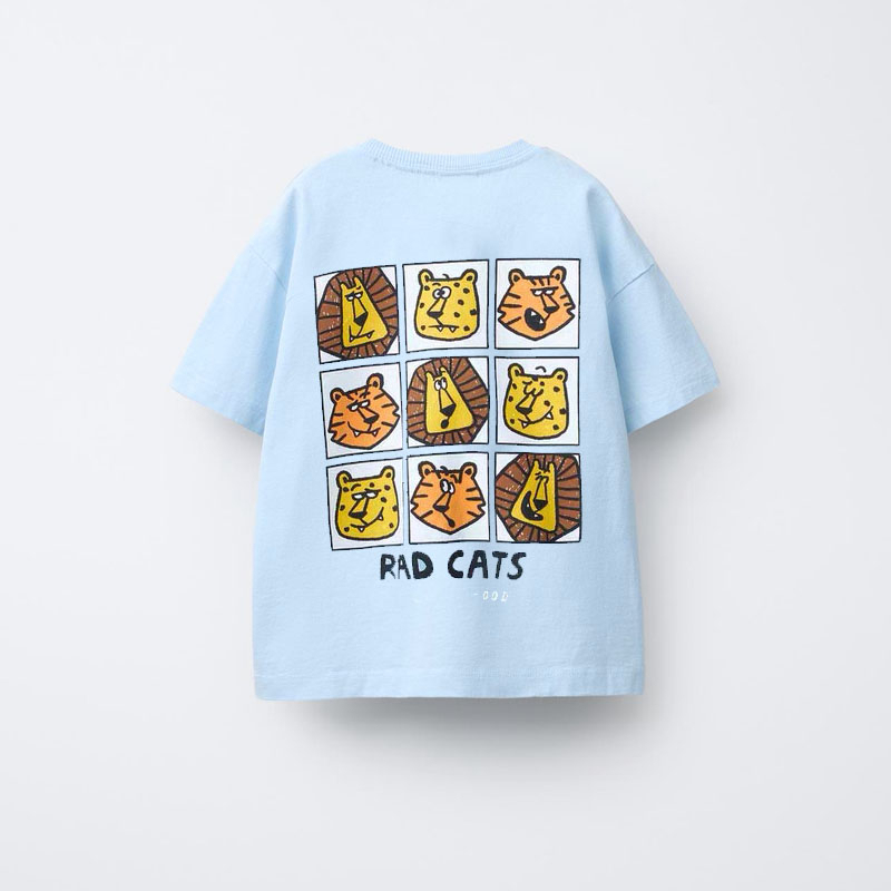 Blue T Shirt Cartoon Lion Print Short Sleeve 2025 Summer Clothes Loose Casual Round Neck Base Shirt Solid Color Versatile Tees