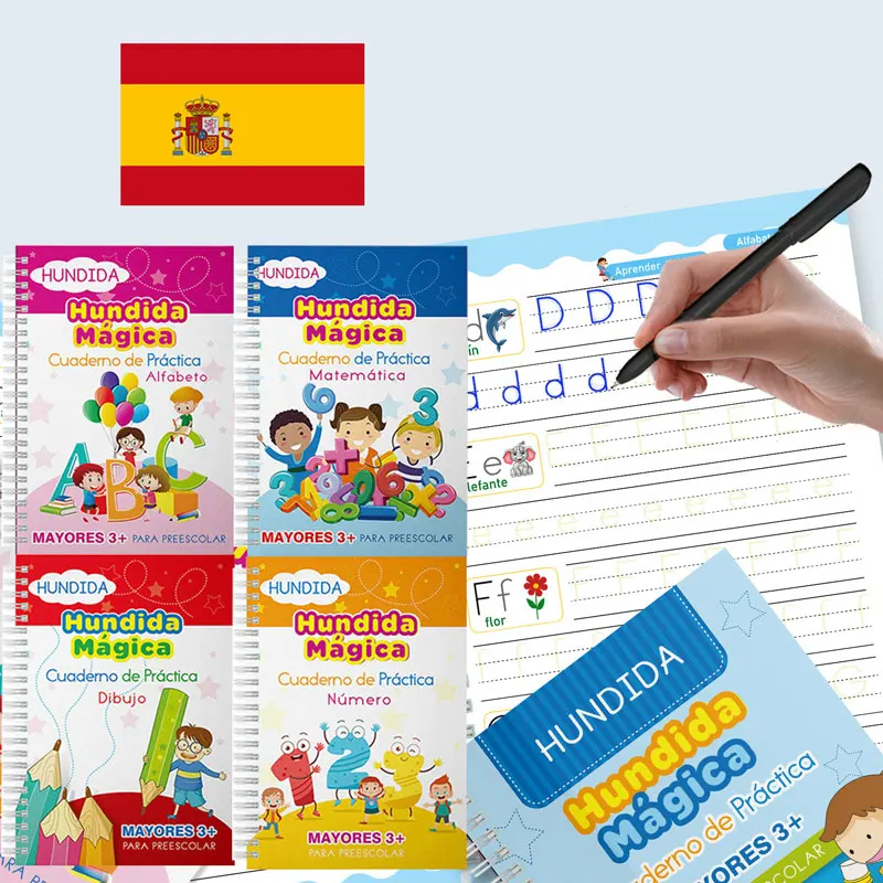 

NEW Spanish Magic Book Learn Writing Math Practice 3D Copybook Workbook Reusable Children's Writing Student Textbook Kid Gift