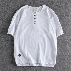 Vintage Bamboo Cotton Breathable Cool Short Sleeve Men's T - Shirt with Personality Button - Down Design - XXXL (WHITE)
