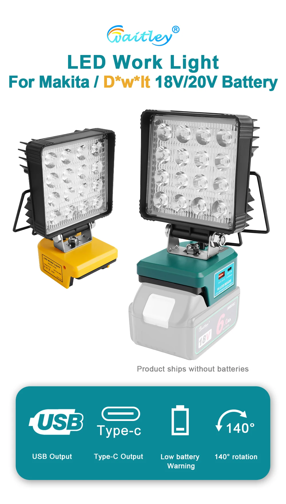 LED Work Light for Makita 18V Battery Portable Outdoors Floodlight Camping lamp
