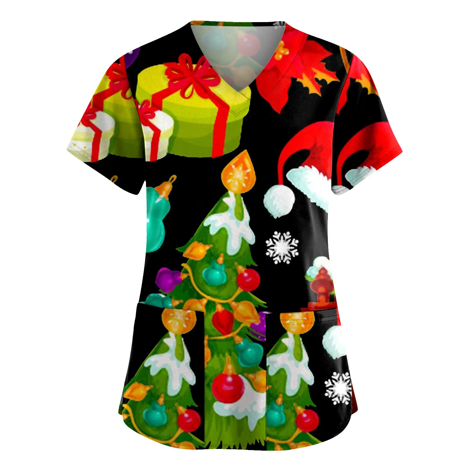 Nurse Uniforms Women Merry Christmas Print Short Sleeve V-neck Scrubs Working Medical Blouse Overalls Uniforms Medical Nursing