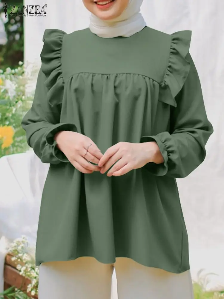 

Fashion Autumn Long Seeve Ruffles Hem Blouse ZANZEA Women Muslim Tops Casual Ramadan Turkey Shirt Solid Holiday Islamic Clothing