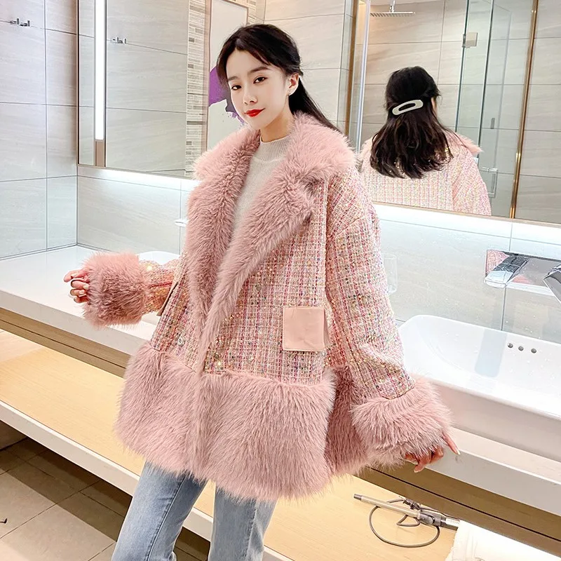 

Sequined Fashion Pink Fur Coat Women Plaid Wool Coat Winter Thick Warm Faux Fur Jacket Luxury Fluffy Jacket Elegant Outerwears
