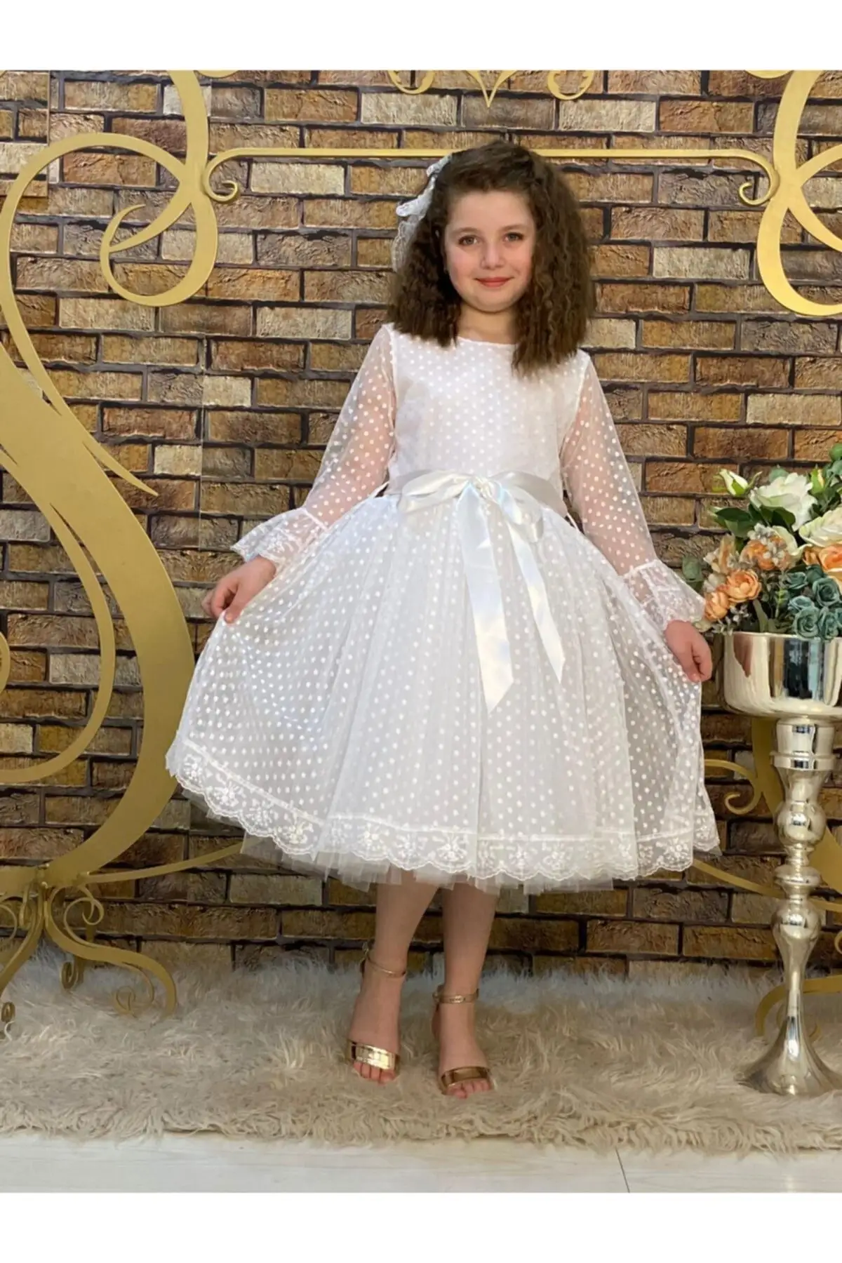 

Small Points Tulle Girl Children's Dress Lace Truvakar Sleeve Maxi Polka Pot Standard Round Neck Flvery White Trend